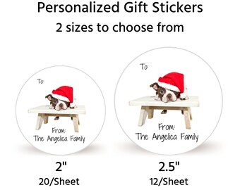 Personalized Christmas Gift Stickers | Sheet of 20 2" or Sheet of 12 2.5" Christmas Gift Labels | Christmas Gift Tags | Santa Hat Puppy