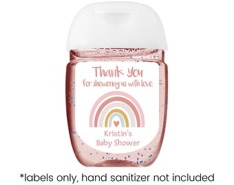 Personalized Baby Shower Hand Sanitizer Labels | Sheet of 30 Custom Stickers for Favors | Pink Rainbow