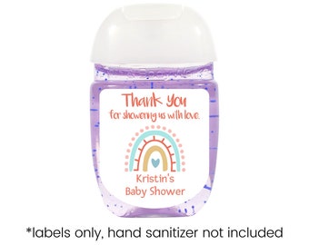 Étiquettes personnalisées de désinfectant pour les mains pour baby shower | Feuille de 30 autocollants personnalisés pour cadeaux | Arc-en-ciel