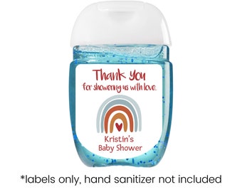 Personalized Baby Shower Hand Sanitizer Labels | Sheet of 30 Custom Stickers for Favors | Blue Rainbow