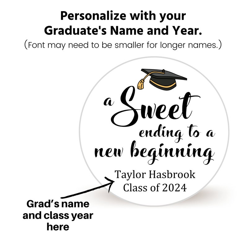 Personalized Graduation Stickers Sheet of 20 2 or 12 2.5 Circle Stickers for Graduation Favors Sweet Ending New Beginning image 3