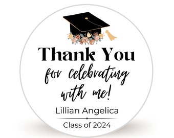 Personalized Graduation Stickers | Sheet of 20 2" or 12 2.5" Circle Stickers for Graduation Favors | Thank You Floral