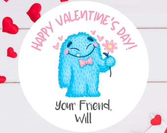 Personalized Valentine's Day Stickers | Sheet of 20 2" or Sheet of 12 2.5" Valentine Labels | Blue Monster