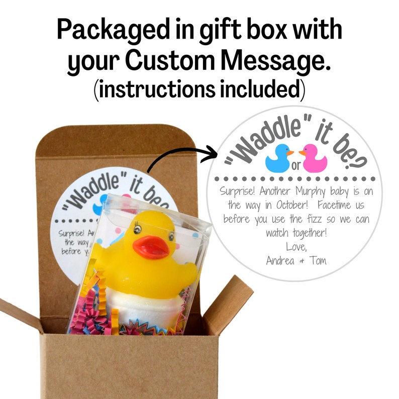 Waddle it Be Rubber Duck Gender Reveal Fizz by mail Pregnancy Announcement Gift Box includes Customized Message image 2