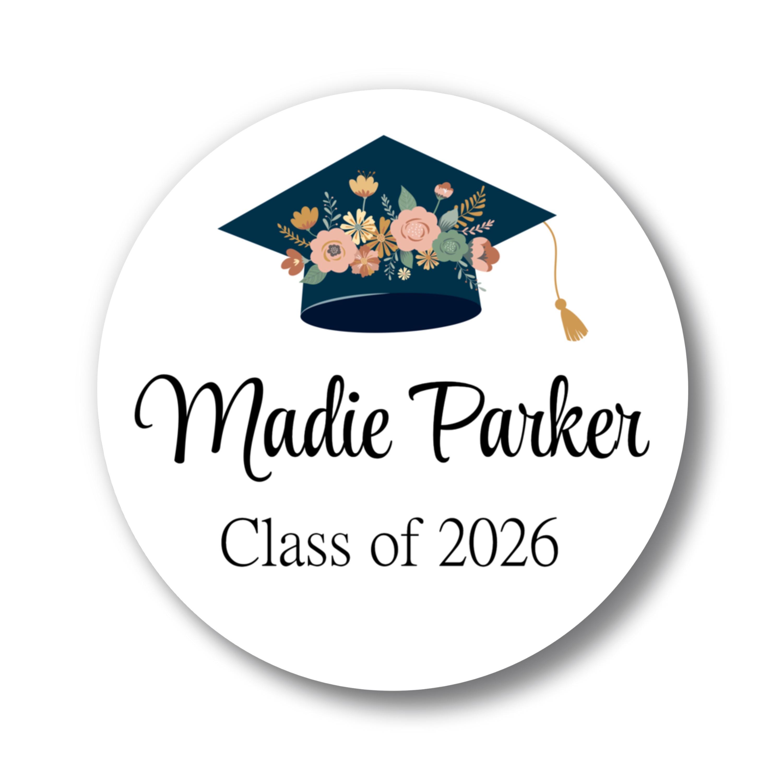 Personalized Floral Graduation Cap Labels, Class of 2026, 1.5