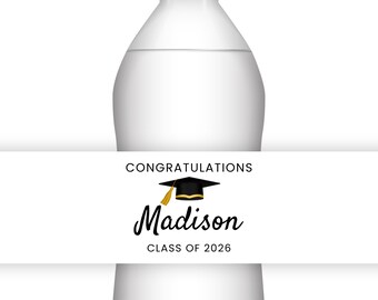 Personalized Water Bottle Labels for Graduation, Weatherproof, Satin Finish, Permanent Adhesive