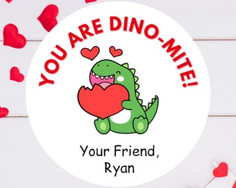 Personalized Valentine's Day Stickers | Sheet of 20 2" or Sheet of 12 2.5" Valentine Labels | Dino-Mite