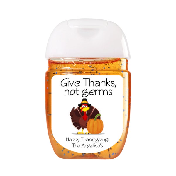 Custom Thanksgiving Hand Sanitizer Labels | Sheet of 30 Personalized Stickers for Dinner Favors | Give Thanks Not Germs