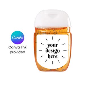 May include: A clear plastic hand sanitizer bottle with an orange liquid containing small blue flecks. The bottle features a white flip-top cap and a white rectangular label on the front with the black text your design here surrounded by lines.