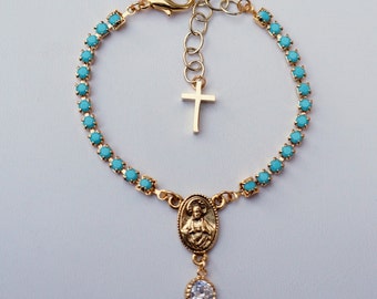 turquoise and vintage crystal rosary bracelet