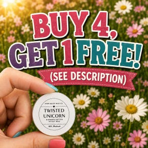 May include: A small round white container of Pure Bliss Wax Co. Twisted Unicorn diamond dotter sticky wax with black text on the label, held against a background of white and pink daisies with the text BUY 4, GET 1 FREE! (SEE DESCRIPTION).