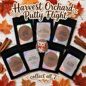 May include: Seven black pouches containing putty, each with a circular label featuring holographic accents and scent names including Apple Butter, Autumn & Apple Orchard, Harvest Gathering, Apple Peel & Acorn, Vermont Honey Apple, Leaves, and Autumn Brunch.