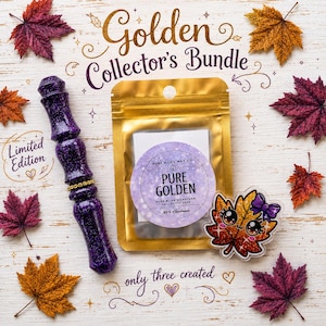 Könnte beinhalten: Ein Golden Collector's Bundle mit einem violetten Glitzer-Harz-Werkzeug, einem goldenen Beutel mit Pure Golden Knete und einem runden Etikett sowie einer glitzernden Ahornblatt-Anstecknadel mit violetter Schleife, umgeben von Herbstblättern.