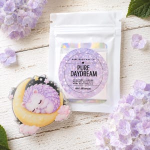 May include: A white resealable pouch containing diamond painting putty with a circular label reading Pure Bliss Wax Co Pure Daydream. Beside it is an acrylic charm featuring a light purple hedgehog sleeping on a yellow crescent moon.