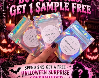 May include: Three holographic pouches of dot putty labeled Jasmine Blossom, Lilacraze, and Honeysuckle. Text reads: BUY 3 PUTTIES, GET 1 SAMPLE FREE and SPEND $45 GET A FREE HALLOWEEN SURPRISE COVERMINDER. The background features glowing jack-o'-lanterns.