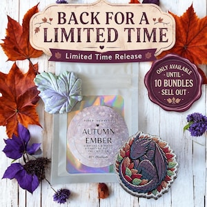 May include: A clear pouch labeled Autumn Ember Diamonds & Washi Signature Putty Fall Edition, accompanied by a marbled light green and purple leaf-shaped object and a circular sticker featuring a sleeping dragon surrounded by colorful autumn leaves.