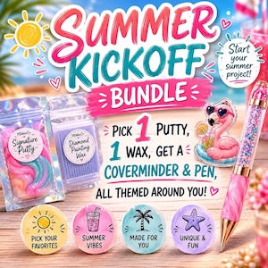 以下が含まれることがあります： 「Summer Kickoff Bundle」のテキストが入った、活気のある夏をテーマにしたバンドル。パテ、ワックス、フラミンゴのカバーマインダー、ペンが含まれています。バンドルには、夏のデザインとテキストが入った丸いステッカーも含まれています。