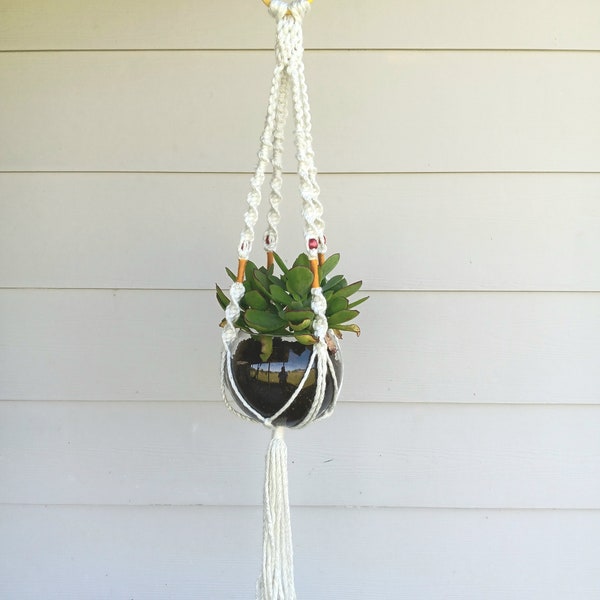 Handmade Macrame Plant Hanger 47" w glass bowl, Vintage acrylic yellow ring, Ochre yarn, bead accents, Poly Rope Indoor/Outdoor