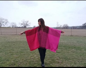 Vintage Wool Woven Poncho Cape Red Pink Fringe