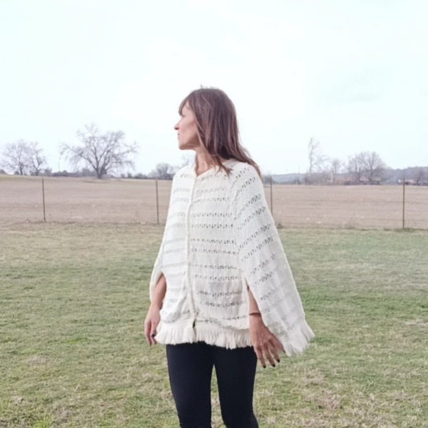 Vintage knit Poncho Cape Ivory with unique knit pattern and armholes