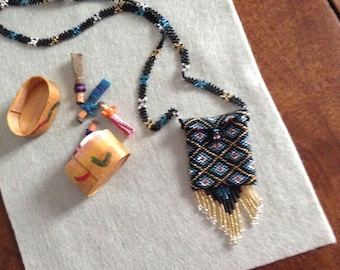 Made by Women of the Atitlan Area Guatemalan Handbeaded Glass Bead Necklace Black Green Pyramid Amulet Bag Vintage Silver Purple