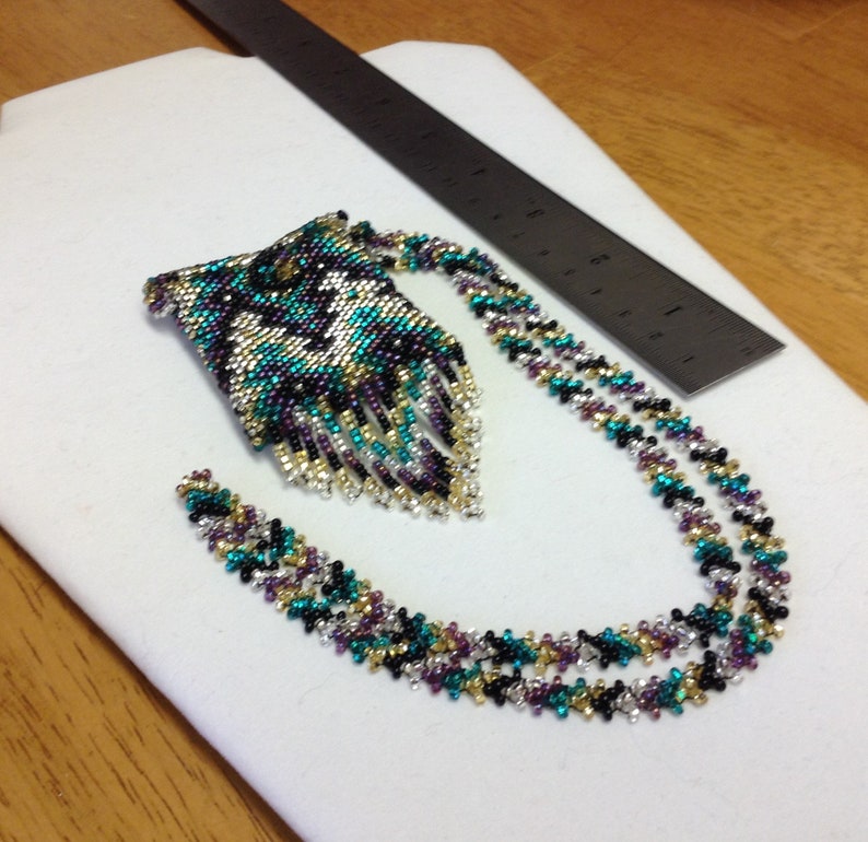 Made by Women of the Atitlan Area Guatemalan Handbeaded Glass Bead Necklace Black Green Pyramid Amulet Bag Vintage Silver Purple