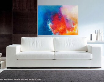 Huge 40"x30" Wall Art Contemporary Painting on Canvas, Unique, Textured, BLUE, Hand Made, Artwork One of a Kind,  Modern Landscape Fine Art