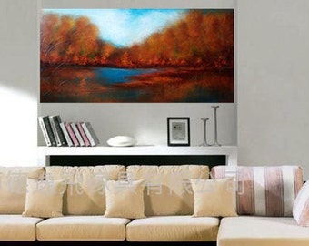 HUGE 48"x24" Original Abstract Landscape on Canvas, Hand Made, Wall Art, Modern Art, Mixed Media Acrylics, Relaxing, Peaceful Autumn Art!