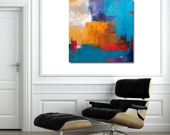 Hand Made, Modern ART. Wall Art Contemporary Painting on Canvas, One of a Kind, Modern Fine Art RED, BLUE, Pallet Knife, Textured, Unique!!!