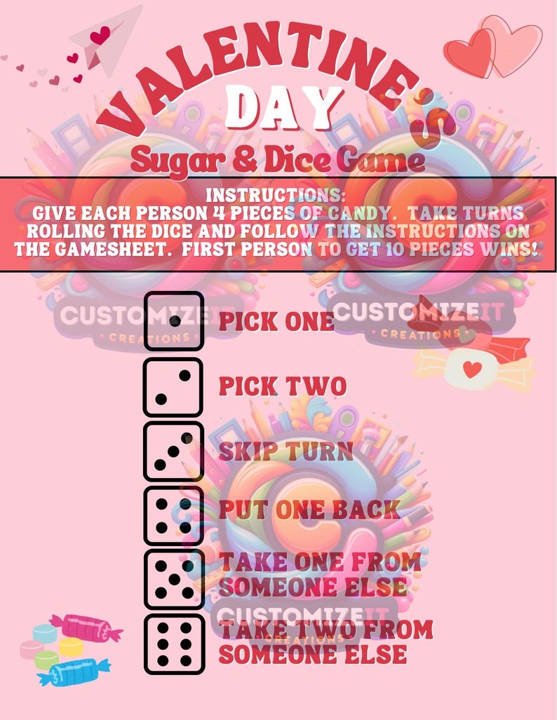 Pode incluir: Um tabuleiro de jogo tem&aacute;tico do Dia dos Namorados rosa e branco com dados e instru&ccedil;&otilde;es para um jogo de a&ccedil;&uacute;car e dados. As instru&ccedil;&otilde;es dizem: "D&ecirc; a cada pessoa 4 pe&ccedil;as de doce. Vezem-se a jogar os dados e seguindo as instru&ccedil;&otilde;es na folha de jogo. A primeira pessoa a obter 10 pe&ccedil;as ganha!"