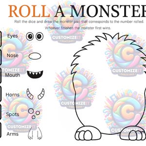 May include: A white game board with the text "ROLL A MONSTER" in orange. The game includes dice, monster parts, and instructions to draw a monster based on the dice roll. The game is designed for multiple players.