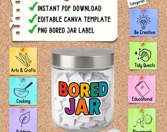 Pode incluir: Kit imprimível "Bored Jar" com mais de 150 atividades. A imagem apresenta um frasco de vidro com a etiqueta "Bored Jar" cheio de papéis brancos. Inclui download instantâneo em PDF, modelo Canva editável e etiqueta PNG. Categorias: Artesanato, Culinária e Exterior.