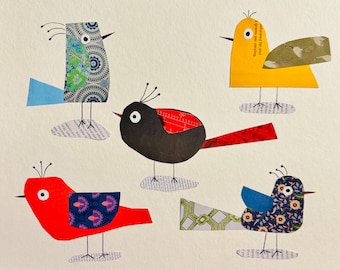 Birds, original print, art, recycled art, collage art, animal, handmade, mixed media, bird decor, wall decor, bird watcher