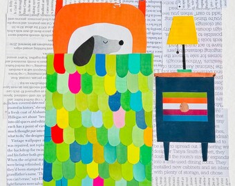 Dog, original print, nursery art, art, recycled art, collage art, animal, handmade, mixed media, nursery decor, kid bedroom decor