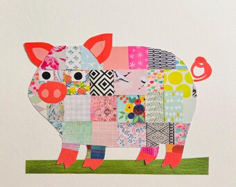 Pig, original print, quilt, art, recycled art, collage art, animal, handmade, mixed media, nursery decor, pig decor
