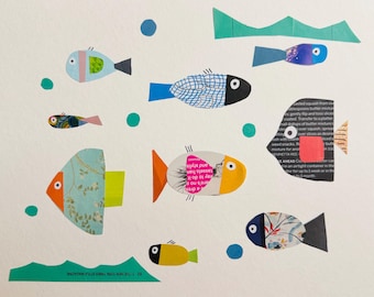 Fish, original print, art, recycled art, collage art, animal, handmade, mixed media, ocean decor, wall decor, nursery print