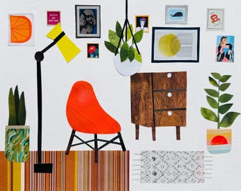 Mid-century modern, original print, modern, art, recycled art, collage art, wall art, handmade, mixed media, orange decor, vintage, plant