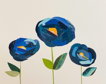 Blue Flower, original print, paper flower, recycled art, collage art, handmade, mixed media, poppy, upcycled, wall art