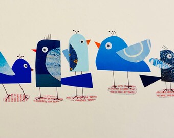 Blue Birds, original print, art, recycled art, collage art, animal, handmade, mixed media, bird decor, wall decor, bird