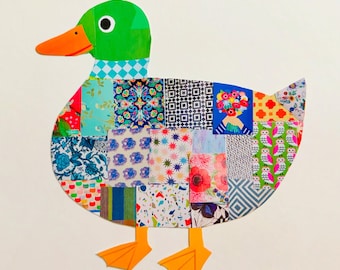 Duck, original print, quilt, art, recycled art, collage art, animal, handmade, mixed media, nursery decor, duck decor