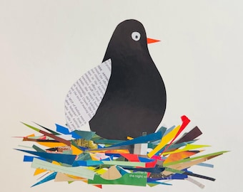 Bird, original print, bird nest, art, recycled art, collage art, animal, handmade, mixed media, bird decor, wall decor, bird watcher