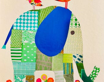 Elephant , original print, quilt, art, recycled art, collage art, animal, handmade, mixed media, nursery decor, elephant decor