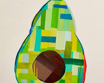 Avacado, original print, kitchen art, recycled art, collage art, paper art, handmade, mixed media, kitchen decor, farmhouse