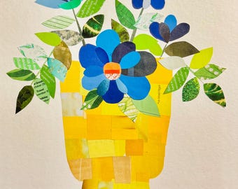 Flower, original print, paper flower, recycled art, collage art, handmade, mixed media, garden, upcycled