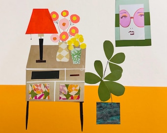 Mid-century modern, original print, modern, art, recycled art, collage art, wall art, handmade, mixed media, orange decor, vintage, plant