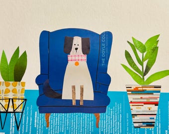 Dog, original print, nursery art, art, recycled art, collage art, animal, handmade, mixed media, nursery decor, plant, blue