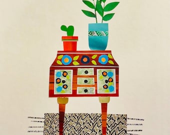 Plant table, original print, modern, art, recycled art, collage art, wall art, handmade, mixed media, wall decor, vintage, plant