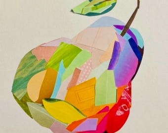 Pear, original print, kitchen art, recycled art, collage art, fruit, handmade, mixed media, kitchen decor, farmhouse