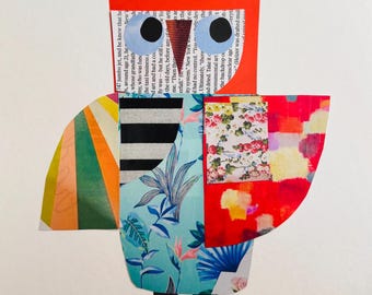 Owl, original print, bird nest, art, recycled art, collage art, animal, handmade, mixed media, bird decor, wall decor