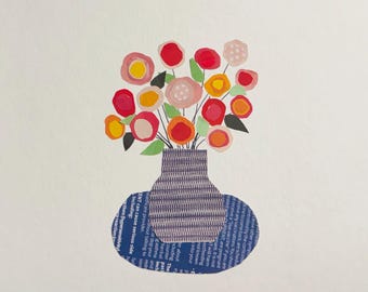 Flower, original print, paper flower, recycled art, collage art, handmade, mixed media, garden, upcycled